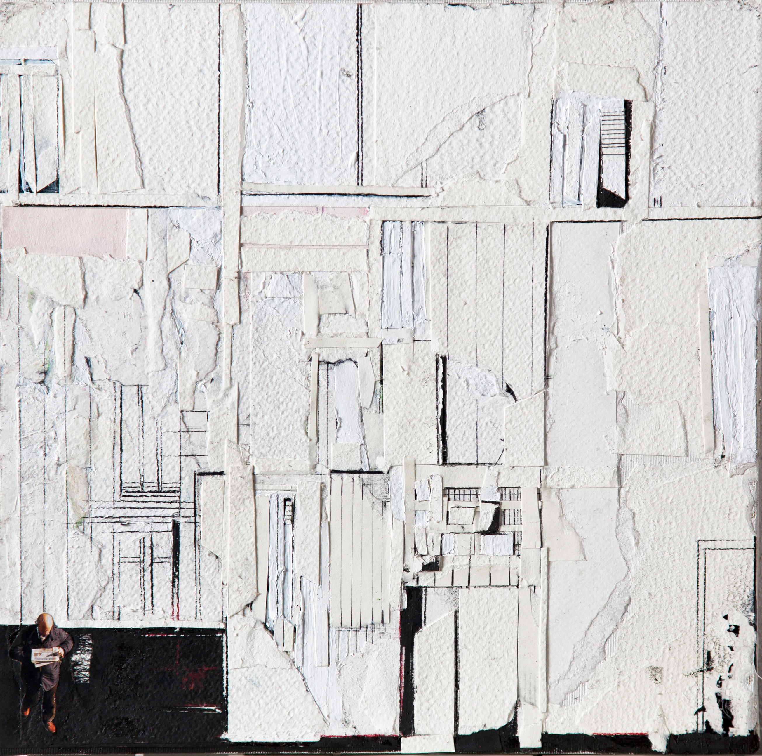RITAGLI DI SPAZIO 4 cartografia – tecnica mista su tela (carte applicate su tela, olio, ritagli giornale ) – cm 30×30 – 2011E E CASE , LO SPAZIO DELL'UOMO