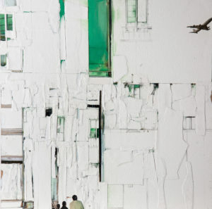 ritagli di spazio 6 - cartografia – tecnica mista su tela (carte applicate su tela, olio, ritagli giornale ) – cm 30×30
