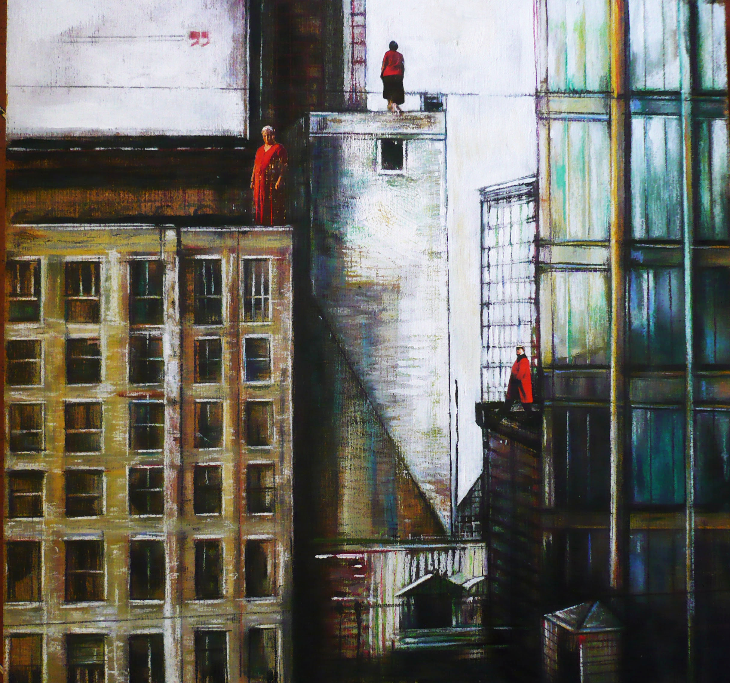 ILARIA LEGANZA - Donnine sui tetti - 2010 - olio su tavola cm 30 x 30